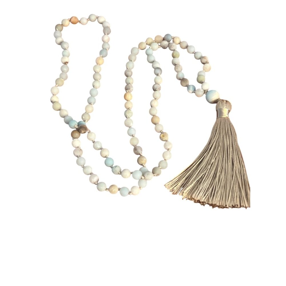 Amazonite Throat Matte Bead Necklace Gold Tone Tassel No Clasp 34" NWOT